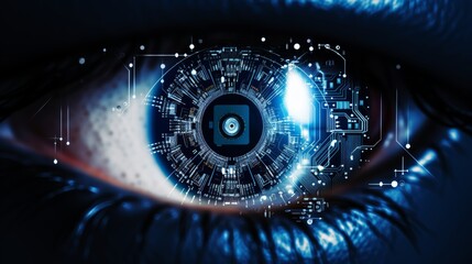 Detailed human eye closeup with iris and pupil, enhanced by graphical vision analysis symbols