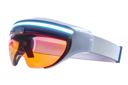Futuristic AR/VR headset with LED lighting, sleek design, and tinted lens. Perfect for augmented or virtual reality experiences.