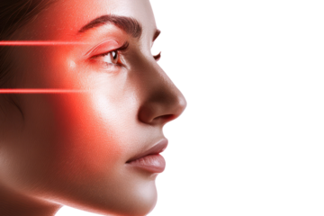 Profile view of a woman undergoing laser treatment for skincare, highlighting modern beauty technology and facial enhancement.