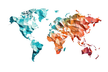 Vibrant low-poly world map illustration in blue, orange, and red hues. Abstract geometric design perfect for global themes and modern decor.