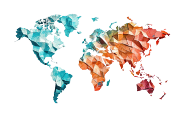 Vibrant low-poly world map illustration in blue, orange, and red hues. Abstract geometric design perfect for global themes and modern decor.