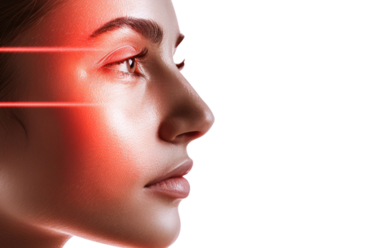 Profile view of a woman undergoing laser treatment for skincare, highlighting modern beauty technology and facial enhancement.