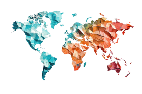 Vibrant low-poly world map illustration in blue, orange, and red hues. Abstract geometric design perfect for global themes and modern decor.