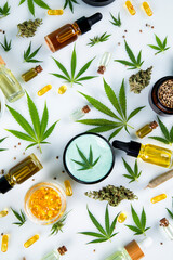 Cannabis leaves with marijuana, cbd, Flat lay composition