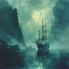 Obraz premium Serene Ghost Ship Navigating Misty Waters - Ethereal Fantasy Seascape with Soft Watercolors and Eerie Atmosphere