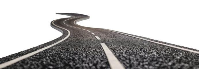 Winding asphalt road with white lane markers, cut out - stock png.