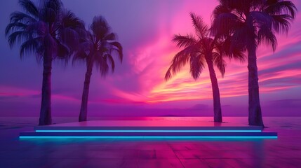 Tropical Sunset with Palm Trees and Neon Lights