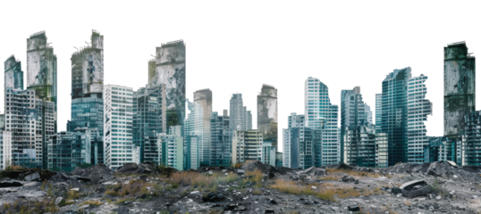 A post-apocalyptic cityscape of ruined skyscrapers, cut out - stock png.