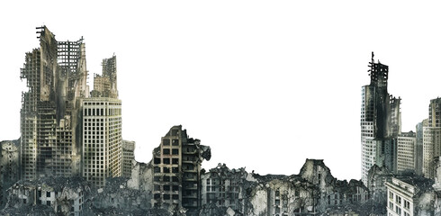 Ruined skyscrapers after a devastating cityscape apocalypse, cut out - stock png.