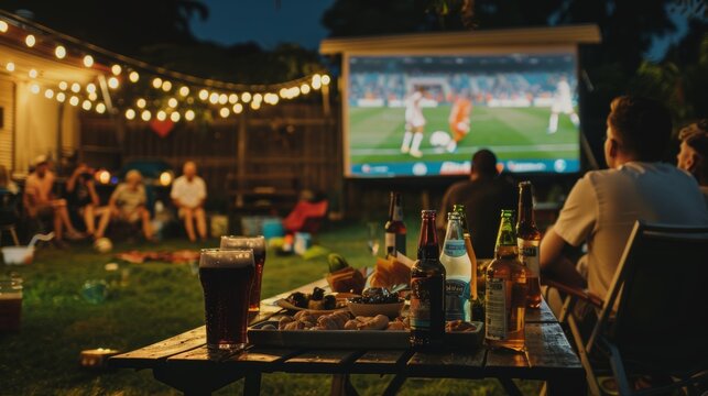 Nighttime Outdoor Soccer Viewing Party with Friends, Beers, and Snacks - Perfect for Celebrations and Social Gatherings