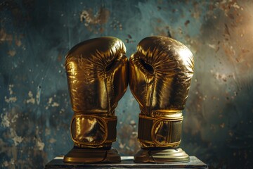 Golden Boxing Gloves Displayed on Pedestal with Dramatic Lighting for Sports Theme and Decor
