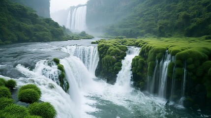 Fototapeta premium Majestic Iguazu Falls: Tranquil Beauty of Argentine Waterfalls Surrounded by Lush Rainforest
