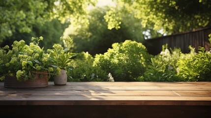 Scenic garden wooden table arrangement for gatherings or product displays in a lush outdoor setting