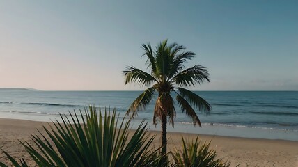 Palm tree on the beach, sea view landscape with a large palm tree by the bay, summer vibe