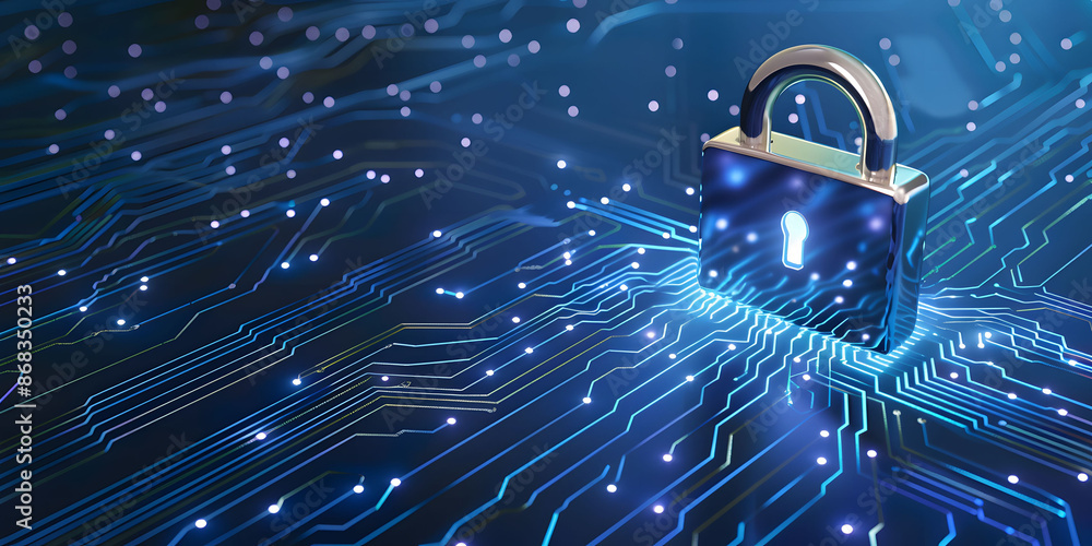 Poster lock symbol on a digital blue circuit board background, representing data encryption, data protectio