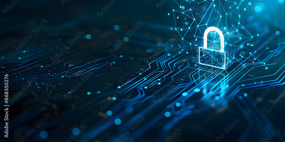 Poster lock symbol on a digital blue circuit board background, representing data encryption, data protectio