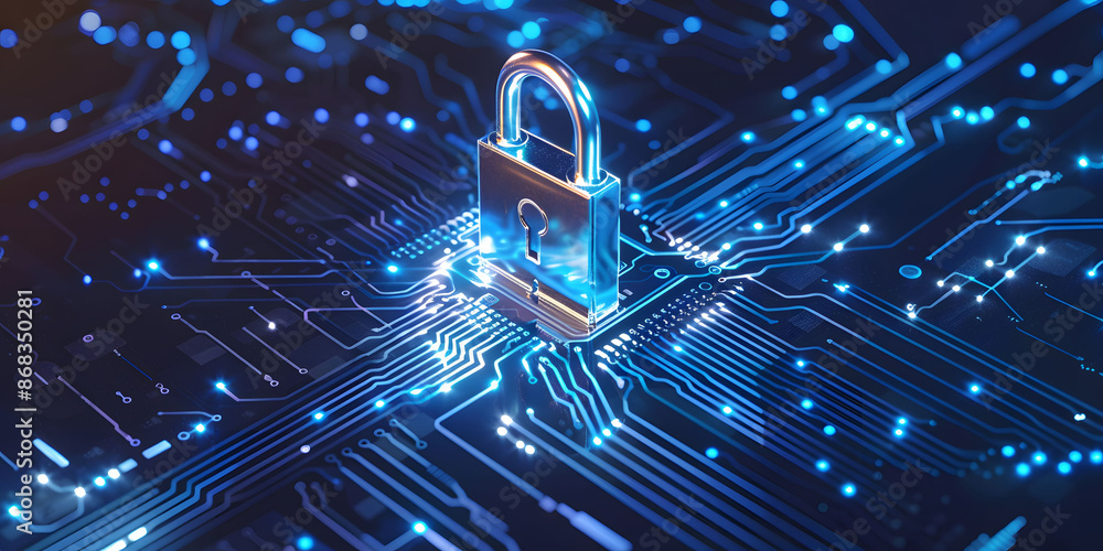 Poster lock symbol on a digital blue circuit board background, representing data encryption, data protectio
