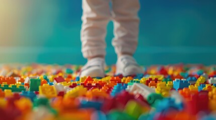 Child standing on colorful building blocks in playroom with sunlight