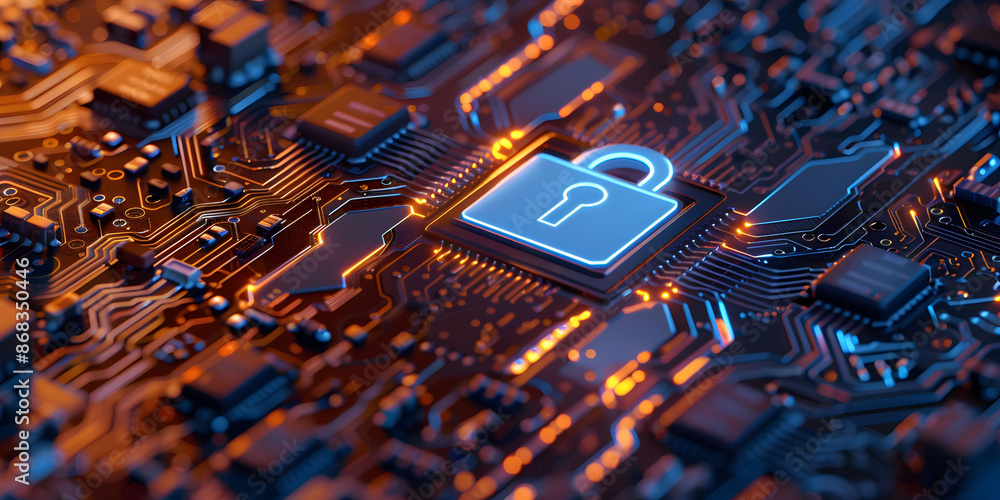 Poster lock symbol on a digital blue circuit board background, representing data encryption, data protectio