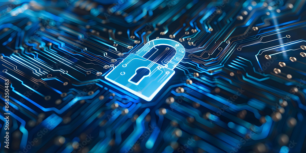Poster lock symbol on a digital blue circuit board background, representing data encryption, data protectio