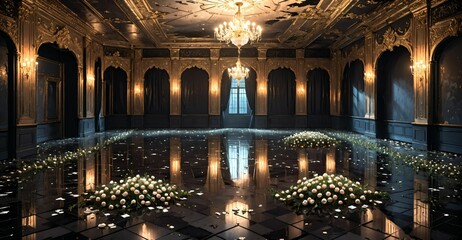 Obraz premium abandoned palace mansion castle interior and decor with reflective floor, flowers, petals, chandeliers, rubble, and debris. floral embellishments old gothic medieval house building ruins.