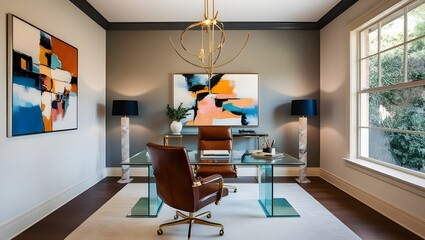 A stylish office room with a glass desk, a leather chair, and abstract paintings on the walls.