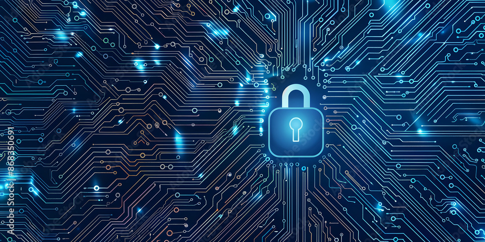 Poster lock symbol on a digital blue circuit board background, representing data encryption, data protectio