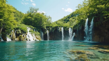 Fototapeta premium Serene Beauty of Plitvice Lakes National Park: A Documentary Exploration of Cascading Waterfalls and Pristine Nature