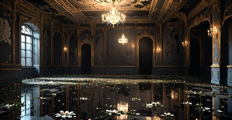 abandoned palace mansion castle interior and decor with reflective floor, flowers, petals, chandeliers, rubble, and debris. floral embellishments old gothic medieval house building ruins.