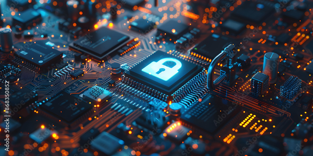 Poster lock symbol on a digital blue circuit board background, representing data encryption, data protectio