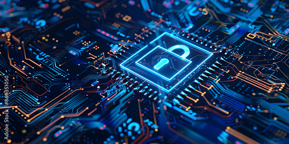 Poster lock symbol on a digital blue circuit board background, representing data encryption, data protectio