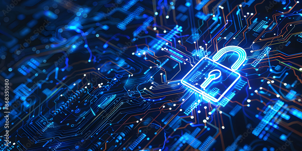 Poster lock symbol on a digital blue circuit board background, representing data encryption, data protectio