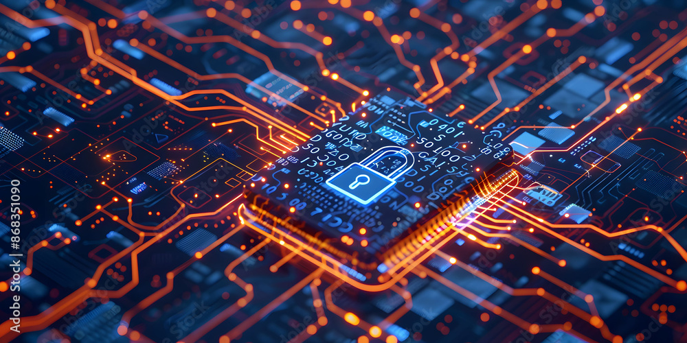 Aufkleber lock symbol on a digital blue circuit board background, representing data encryption, data protectio