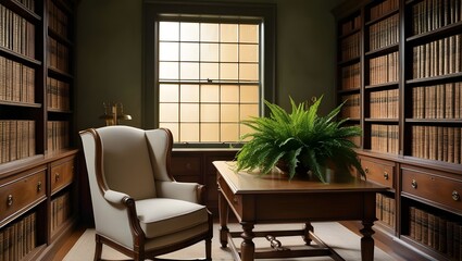  A cozy office space with a comfortable chair, bookshelves filled with books, and a potted plant on the desk.