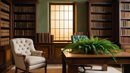 A cozy office space with a comfortable chair, bookshelves filled with books, and a potted plant on the desk.