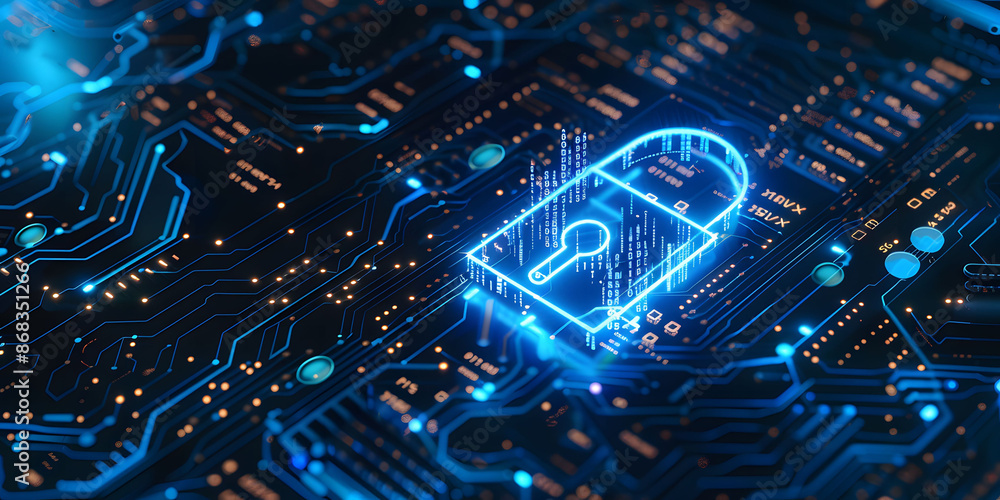 Poster lock symbol on a digital blue circuit board background, representing data encryption, data protectio