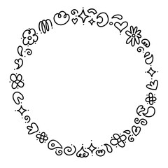 Doodles decorated round thin frame. Line black hand drawn illustration.