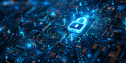 Lock symbol on a digital blue circuit board background, representing data encryption, data protection, and cybersecurity. Ideal for themes on internet safety, and business technology security systems.