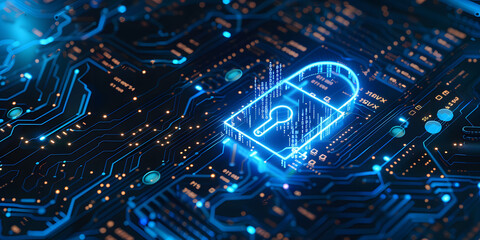 Fototapeta premium Lock symbol on a digital blue circuit board background, representing data encryption, data protection, and cybersecurity. Ideal for themes on internet safety, and business technology security systems.
