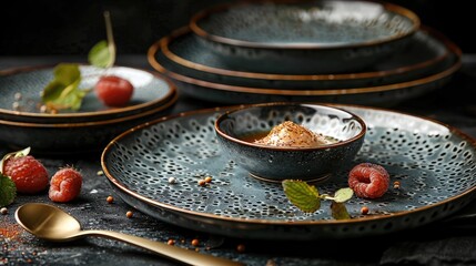 tableware set with dark grey plates and golden trim on the edges. sleek and modern feel