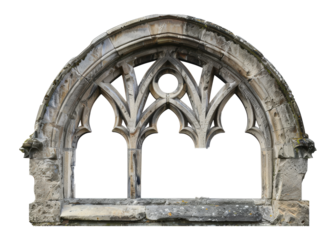 Stone arch window in a medieval structure, cut out - stock png.