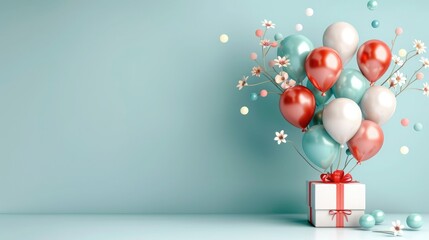 Festive balloons and a gift box with a red ribbon against a pastel blue background, perfect for celebrations and special occasions.
