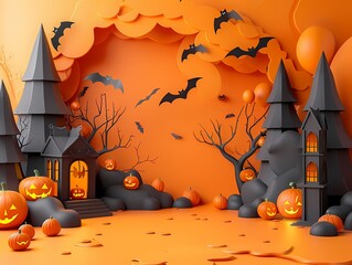 Spooky Halloween Decorations in Flat Design - 3D Render with Split-Complementary Color Scheme