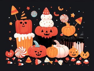 Spooky Halloween Treats in Vibrant Flat Design Cartoon - Front View of Delicious
