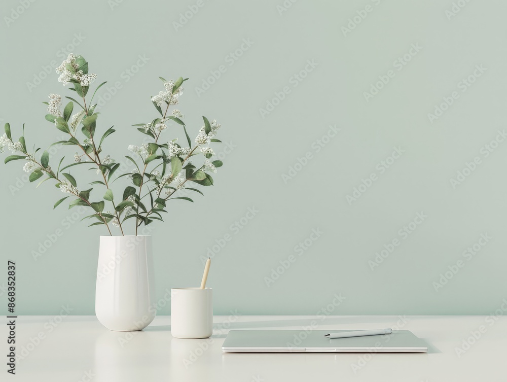 Poster modern workspace: digital product mockup on laptop with notebook and pen in minimalist style