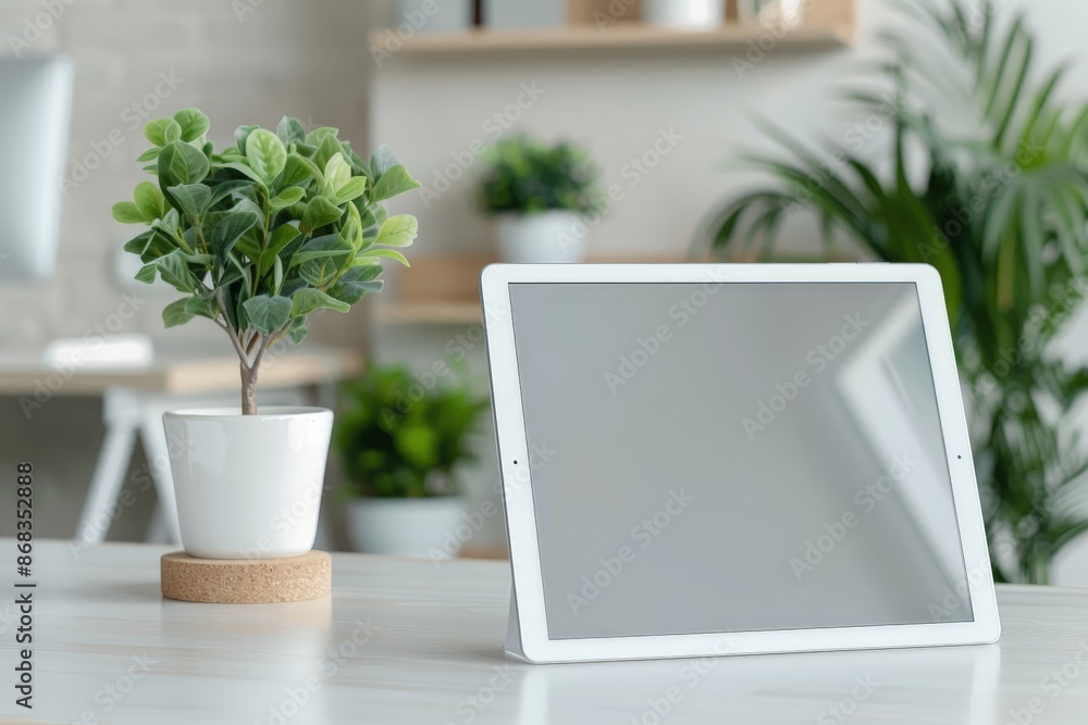 Aufkleber high resolution tablet mockup on stand with detailed product display and soft focus desk background