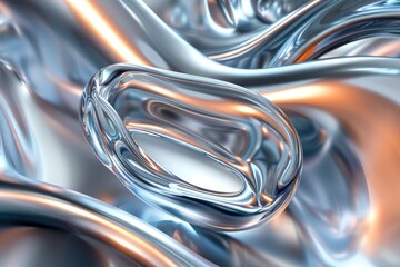 Abstract 3D rendering of a liquid metal or mercury shape against a fluid background. Concepts of fluidity, form, design, and futurism.