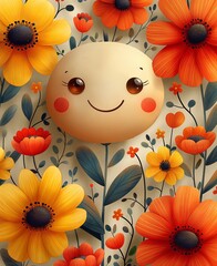 Adorable illustration of a smiling emoji face amidst vibrant flowers, creating a cheerful and whimsical design. Perfect for children’s decor, playful textiles, and fun illustrations.