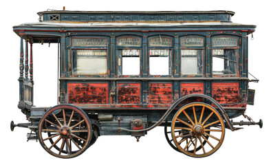 Antique horse-drawn carriage with wooden wheels, cut out - stock png.