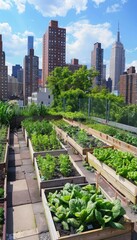 Fototapeta premium Urban Rooftop Garden with Raised Vegetable Beds Overlooking City Skyline for Sustainable Living Concepts